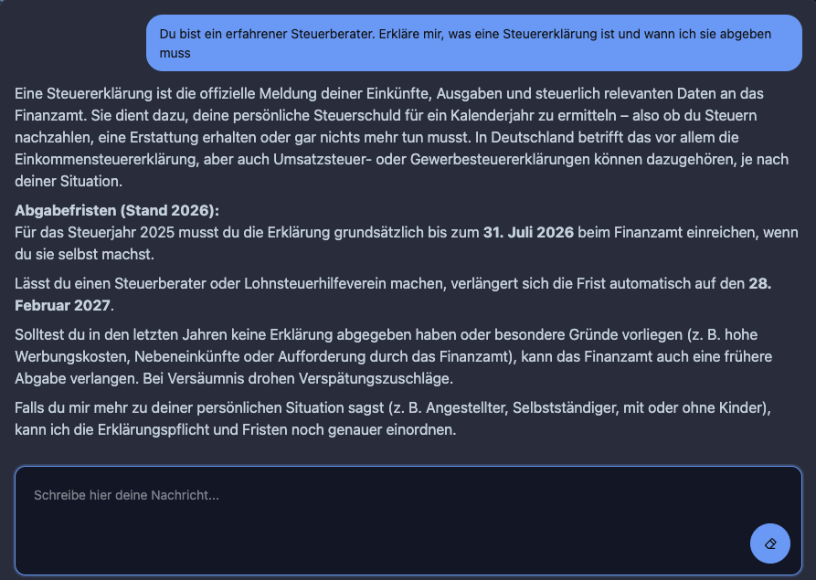 Rollen-Prompting in einer KI-Anwendung – Beispiel mit Steuerberater-Rolle