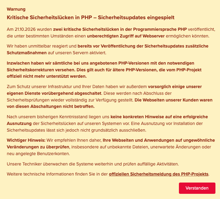 Sicherheitsmeldung von All-Inkl zu den PHP-Sicherheitslücken PHP2Shell