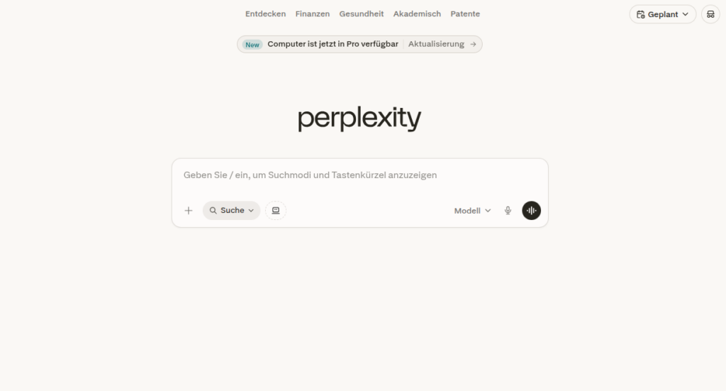 Screenshot der Perplexity-Suchoberfläche