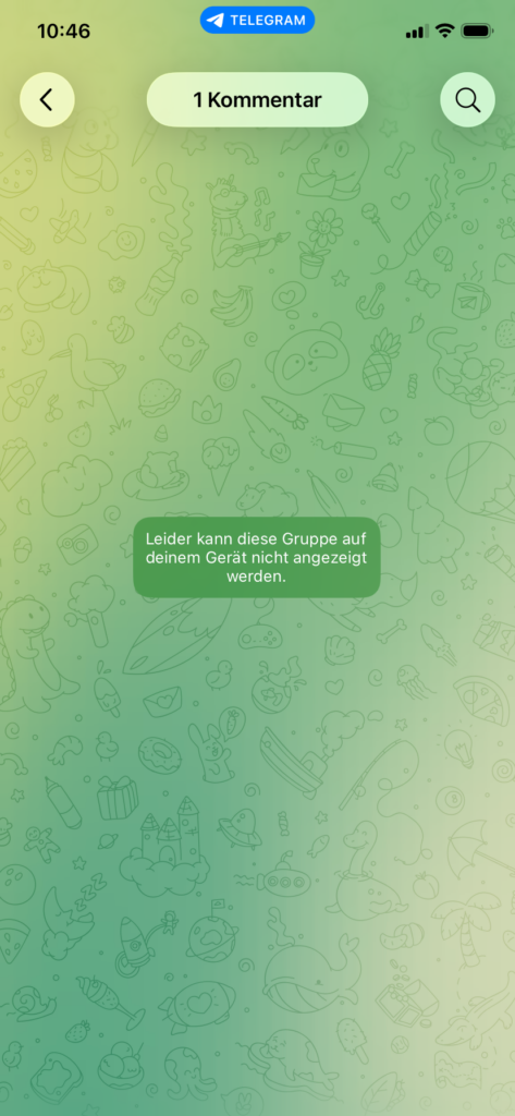 Screenshot iPhone Telegram App Store Version: Fehlermeldung Gruppe kann nicht angezeigt werden