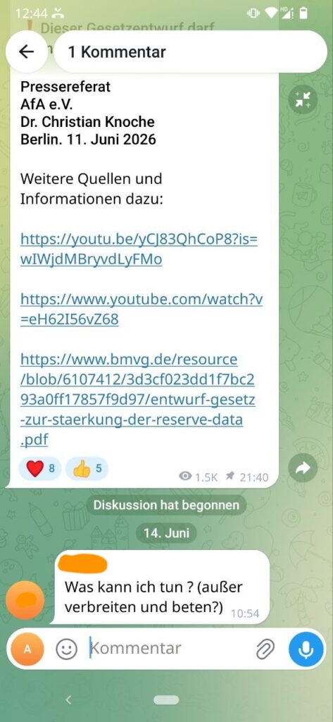 Screenshot Volla Phone Telegram Direktversion: Kommentarbereich vollständig sichtbar
